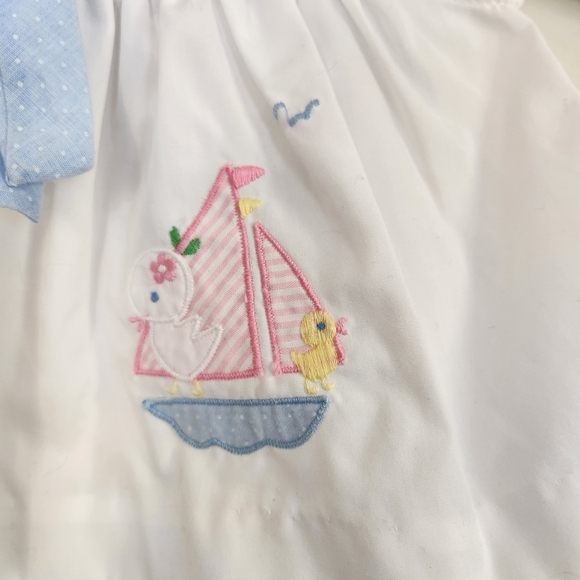 Vintage 80s Baby Girl White Sailboat Dress 1980s Feminine Ruffles Cottagecore - Picture 2 of 8